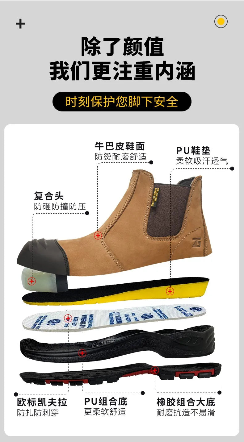 Luxury High-top Men's Safety Shoes Cowhide Boots  Lace Free Steel Toe Anti Impact Anti Puncture Wear Resistant Plus Size Shoes