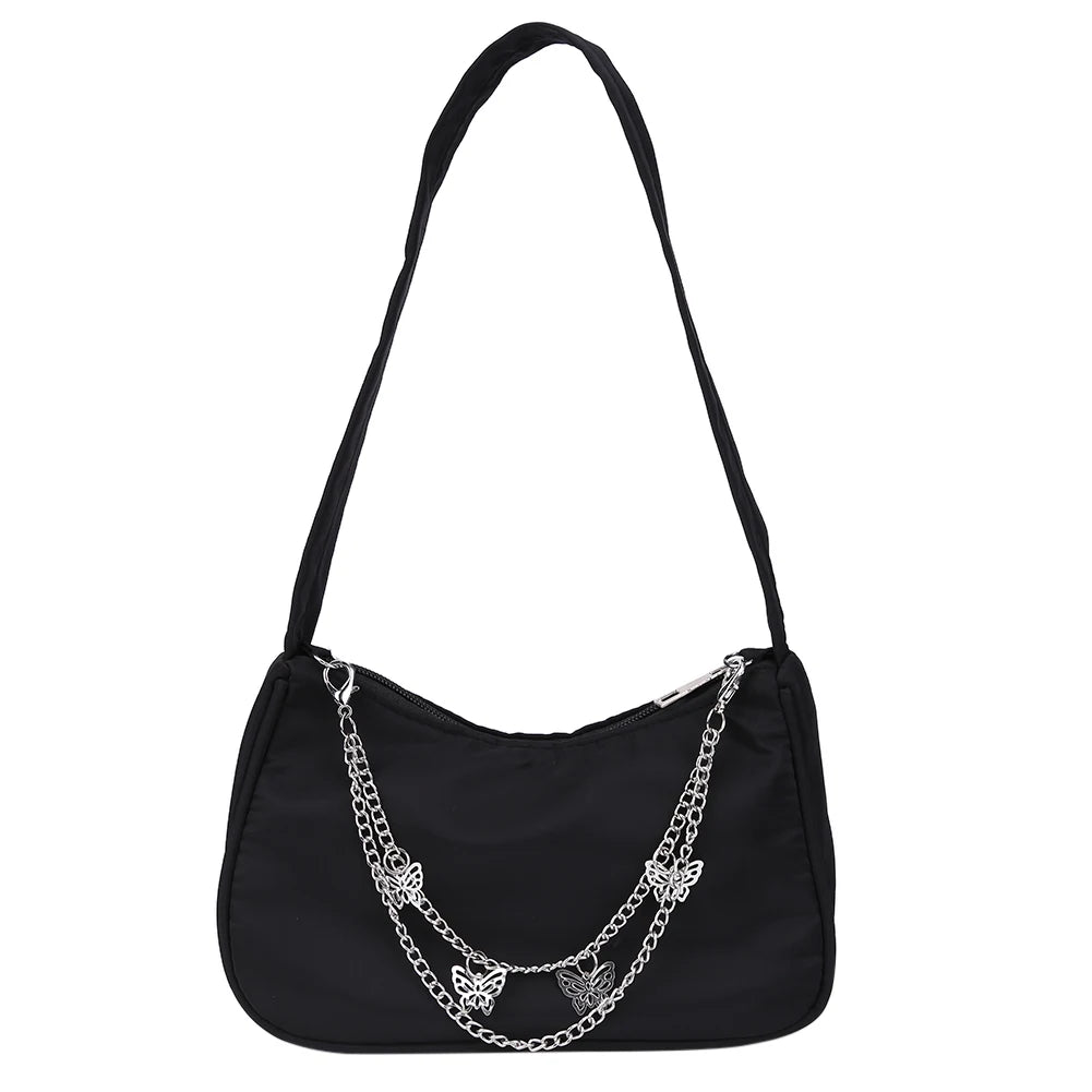 Stylish Butterfly Chain Shoulder Shopping Bags Women Small Pure Color Handbags Daily PU Leather Underarm Bags