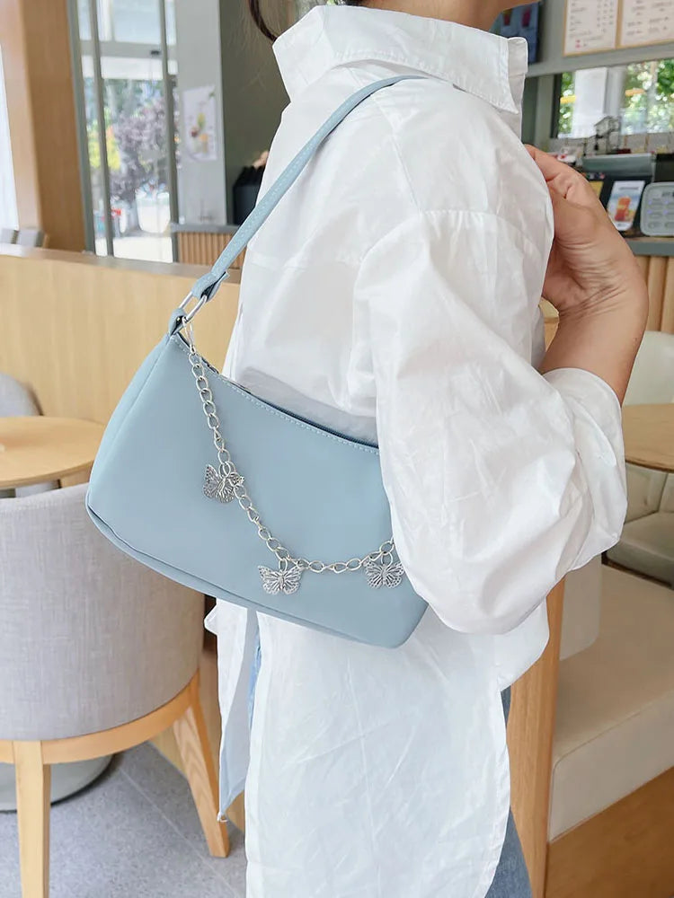 Stylish Butterfly Chain Shoulder Shopping Bags Women Small Pure Color Handbags Daily PU Leather Underarm Bags