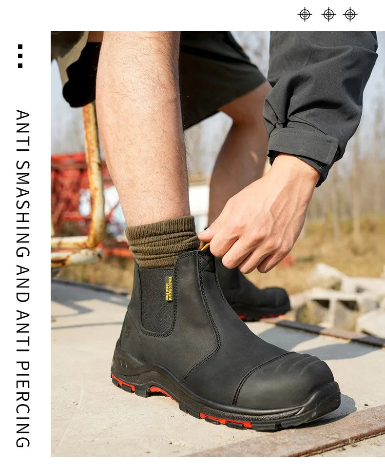 Luxury High-top Men's Safety Shoes Cowhide Boots  Lace Free Steel Toe Anti Impact Anti Puncture Wear Resistant Plus Size Shoes