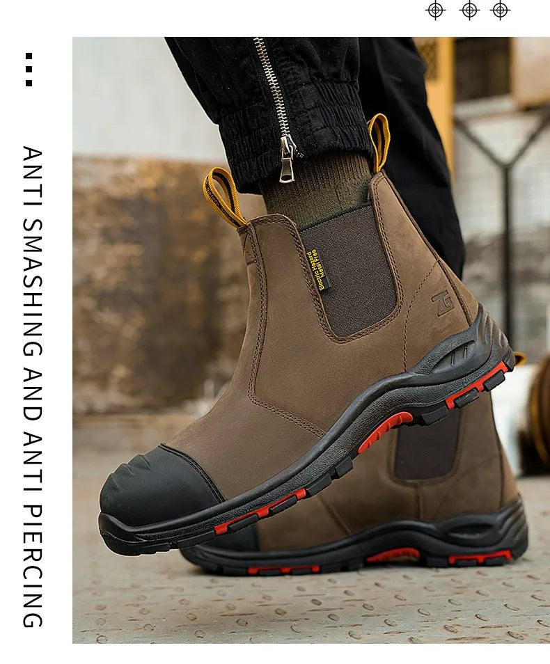 Luxury High-top Men's Safety Shoes Cowhide Boots  Lace Free Steel Toe Anti Impact Anti Puncture Wear Resistant Plus Size Shoes