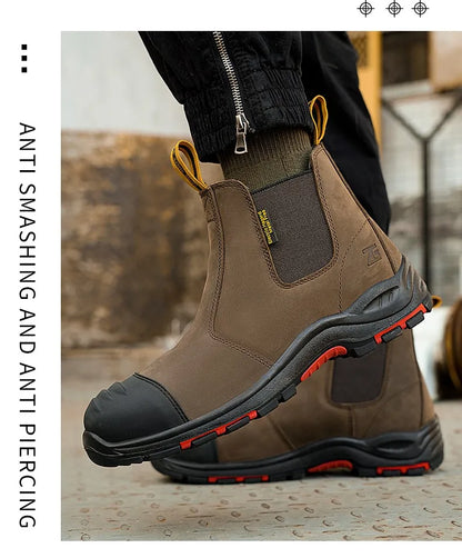 Luxury High-top Men's Safety Shoes Cowhide Boots  Lace Free Steel Toe Anti Impact Anti Puncture Wear Resistant Plus Size Shoes
