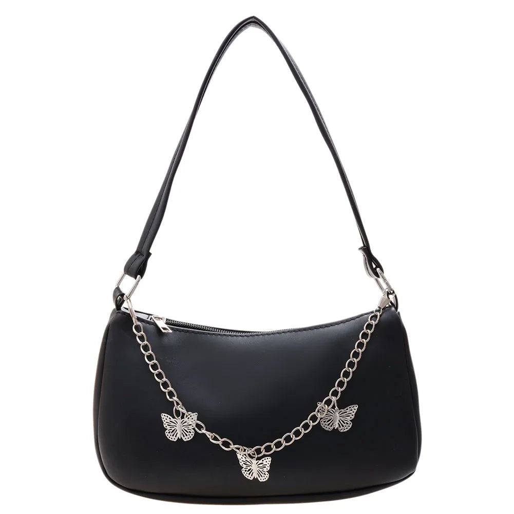 Stylish Butterfly Chain Shoulder Shopping Bags Women Small Pure Color Handbags Daily PU Leather Underarm Bags