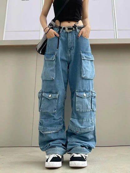 Trendy Women's Denim Workwear | Street Style Black & Grey Multi-Pocket Jeans | American Casual High-Waist Functional Design