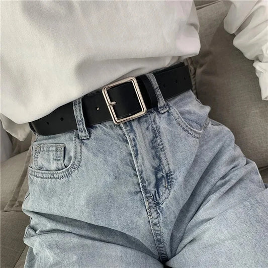 2023 Women'S Belt Soft Pu Leather Belt Square Buckle Pin Buckle Jeans Black Belt Chic Luxury Brand Fancy Vintage Strap Female