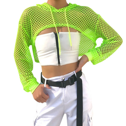 Neon Green Mesh Fishnet Crop Top Women Perspective Smock Long Sleeve Sweatshirt  Women's T-shirts Sexy Cropped Shirt Streetwear