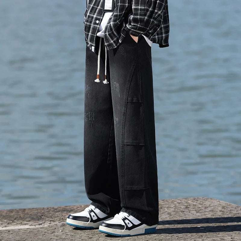 Jeans men's American high street vintage washed crease splicing men's spring and fall models loose straight pants