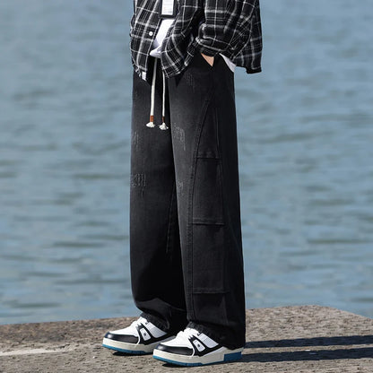 Jeans men's American high street vintage washed crease splicing men's spring and fall models loose straight pants