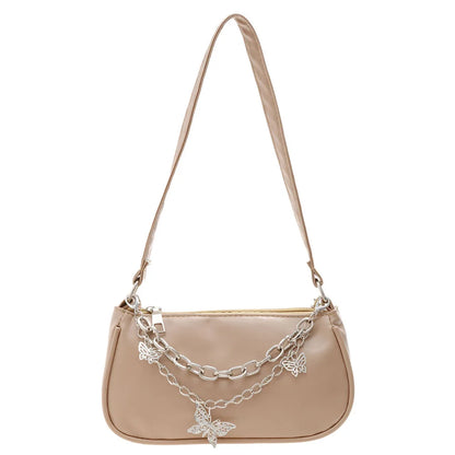 Stylish Butterfly Chain Shoulder Shopping Bags Women Small Pure Color Handbags Daily PU Leather Underarm Bags