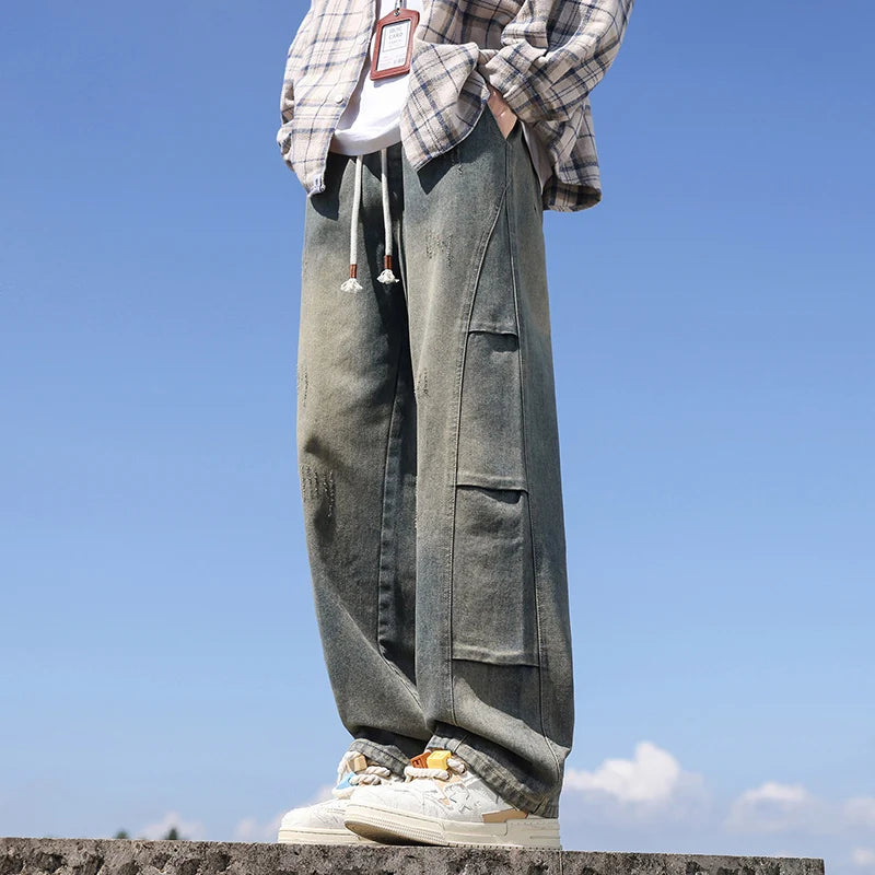 Jeans men's American high street vintage washed crease splicing men's spring and fall models loose straight pants