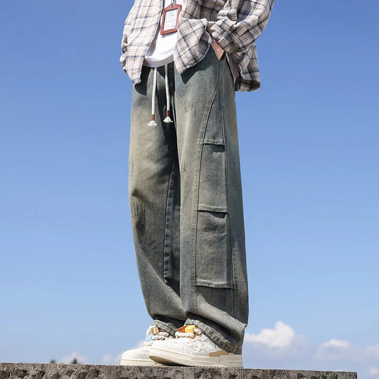 Jeans men's American high street vintage washed crease splicing men's spring and fall models loose straight pants