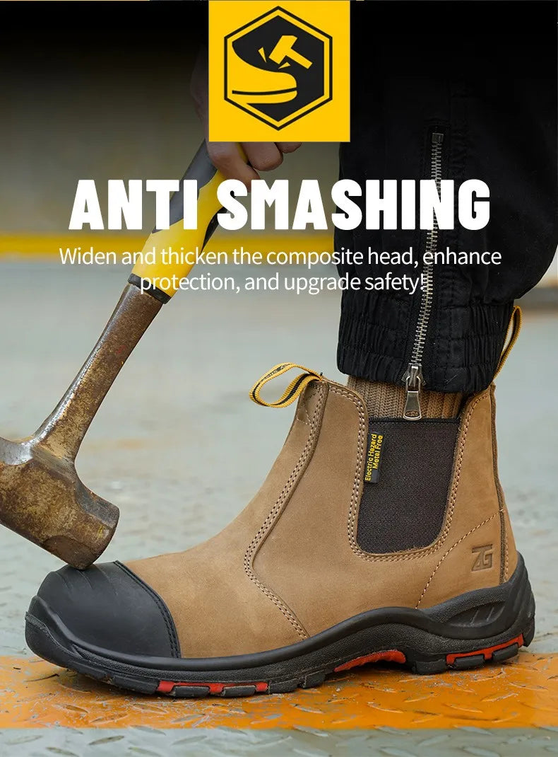 Luxury High-top Men's Safety Shoes Cowhide Boots  Lace Free Steel Toe Anti Impact Anti Puncture Wear Resistant Plus Size Shoes