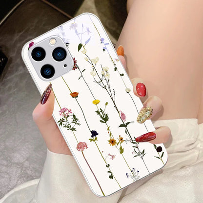 Green Tempered Glass Phone Case For IPhone 15 Pro 14 13 12 Mini 11 XS Max XR 7 8 Plu SE 2020 2022 Spring Light Vine Small Flower