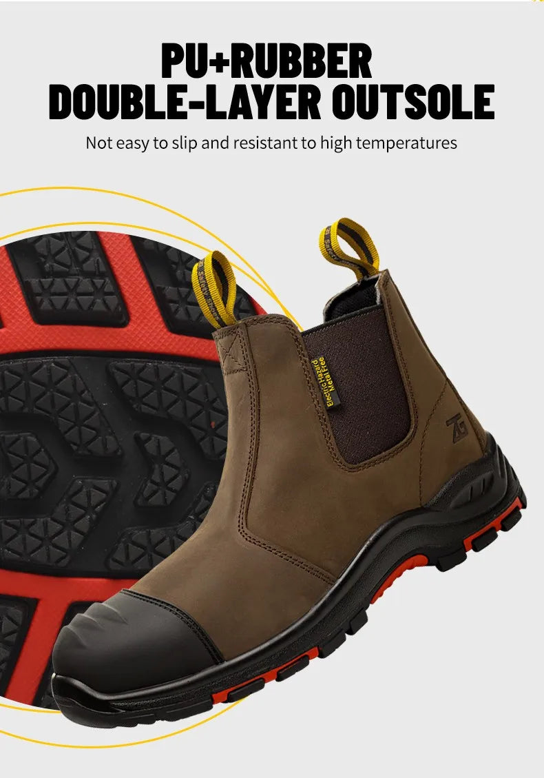 Luxury High-top Men's Safety Shoes Cowhide Boots  Lace Free Steel Toe Anti Impact Anti Puncture Wear Resistant Plus Size Shoes