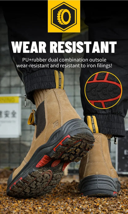 Luxury High-top Men's Safety Shoes Cowhide Boots  Lace Free Steel Toe Anti Impact Anti Puncture Wear Resistant Plus Size Shoes