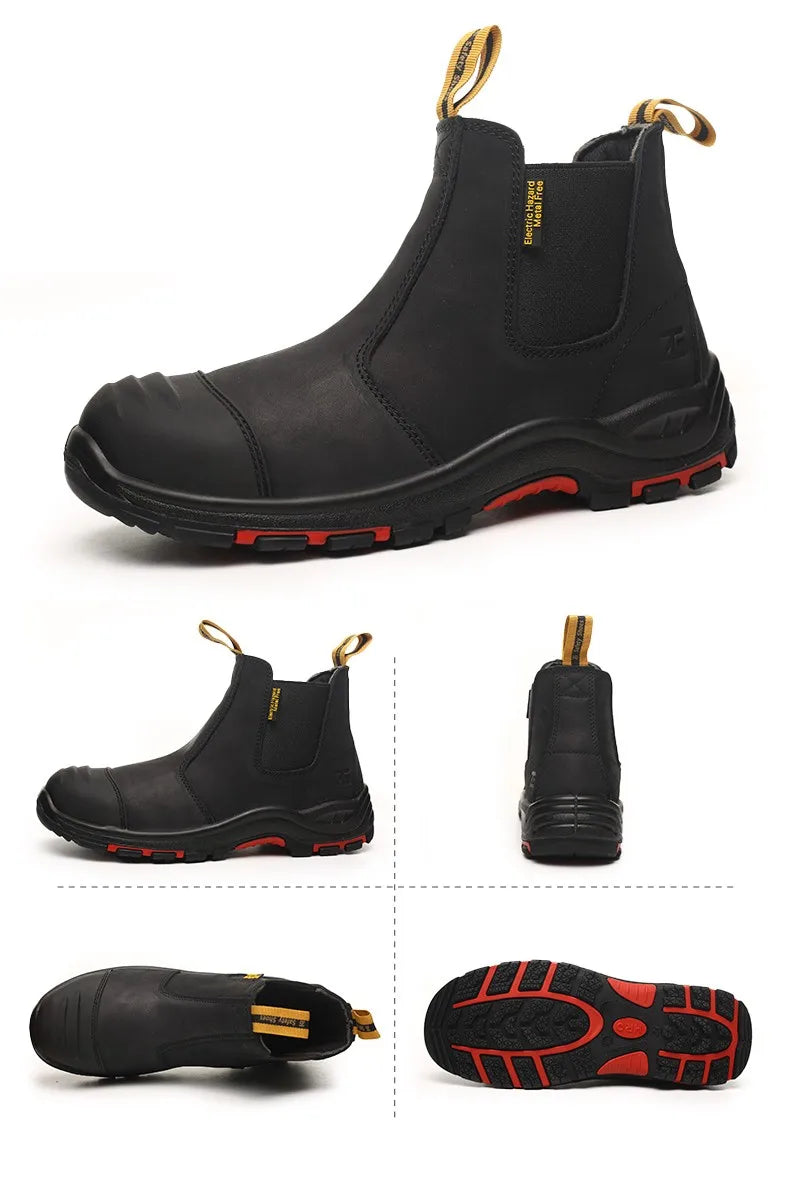 Luxury High-top Men's Safety Shoes Cowhide Boots  Lace Free Steel Toe Anti Impact Anti Puncture Wear Resistant Plus Size Shoes