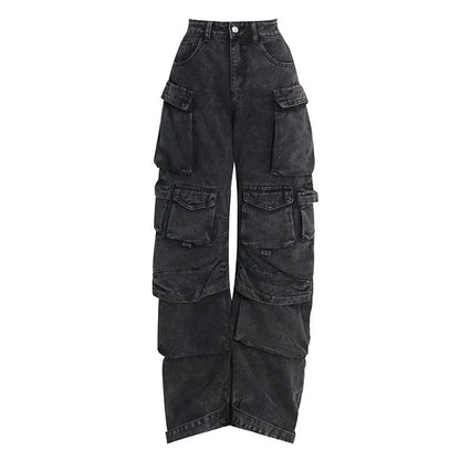 Trendy Women's Denim Workwear | Street Style Black & Grey Multi-Pocket Jeans | American Casual High-Waist Functional Design