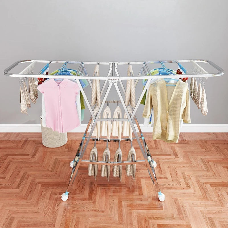 Stand Folding Clothes Drying Rack Stainless Steel Clothes Horse Space Saving Laundry Rack Comforter Clothing Racks with Wheels