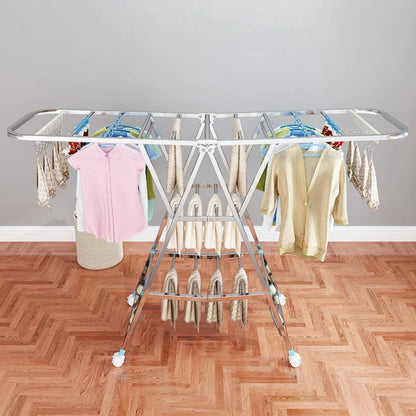 Stand Folding Clothes Drying Rack Stainless Steel Clothes Horse Space Saving Laundry Rack Comforter Clothing Racks with Wheels