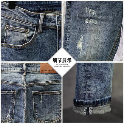 Jeans Ripped Trendy High Street Men's Long Pants Men's Brand Knees 2025 New Spring Autumn Slim Feet Streetwear Men Blue Jeans