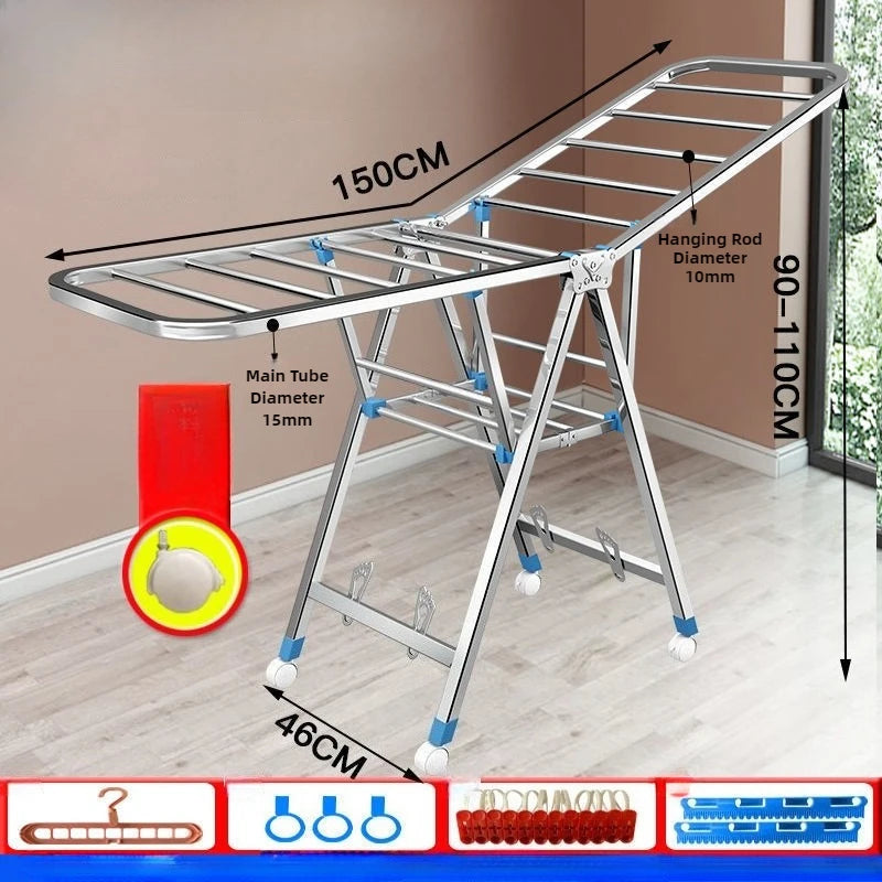 Stand Folding Clothes Drying Rack Stainless Steel Clothes Horse Space Saving Laundry Rack Comforter Clothing Racks with Wheels