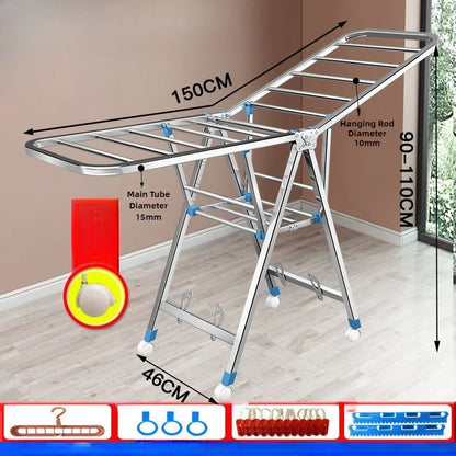 Stand Folding Clothes Drying Rack Stainless Steel Clothes Horse Space Saving Laundry Rack Comforter Clothing Racks with Wheels