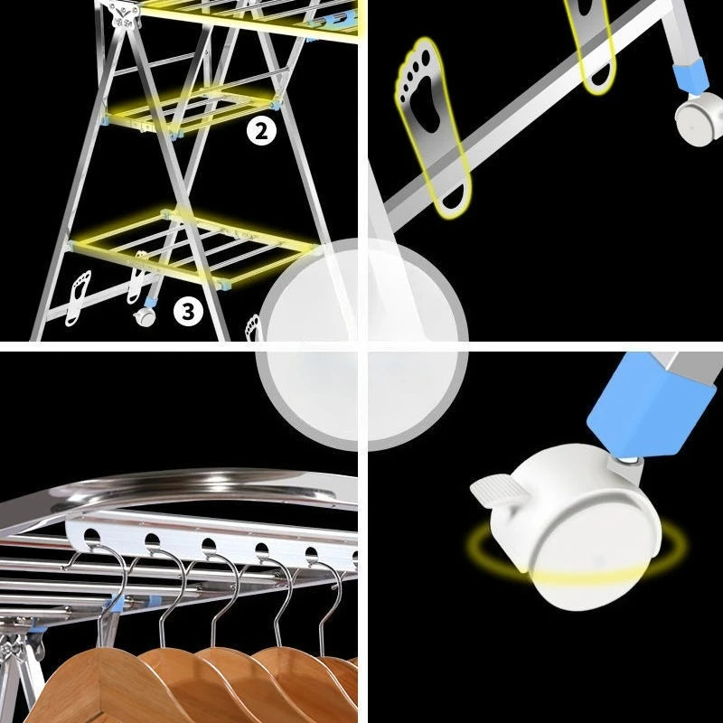 Stand Folding Clothes Drying Rack Stainless Steel Clothes Horse Space Saving Laundry Rack Comforter Clothing Racks with Wheels