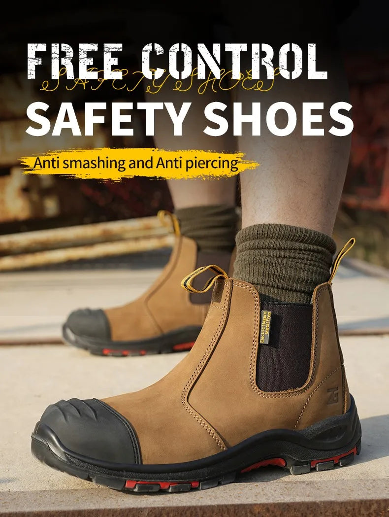 Luxury High-top Men's Safety Shoes Cowhide Boots  Lace Free Steel Toe Anti Impact Anti Puncture Wear Resistant Plus Size Shoes