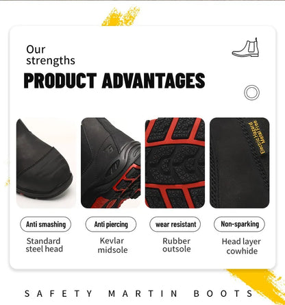 Luxury High-top Men's Safety Shoes Cowhide Boots  Lace Free Steel Toe Anti Impact Anti Puncture Wear Resistant Plus Size Shoes