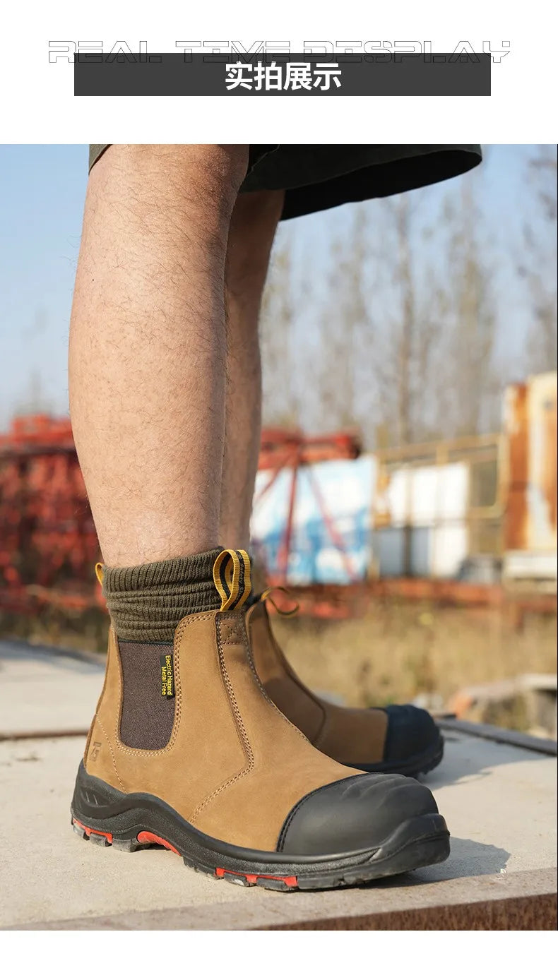 Luxury High-top Men's Safety Shoes Cowhide Boots  Lace Free Steel Toe Anti Impact Anti Puncture Wear Resistant Plus Size Shoes