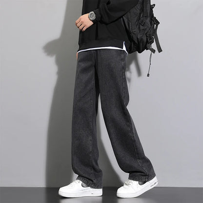 2025 New Korean Men's Casual Long Jeans Classic Man Straight Denim Wide-leg Pants Solid Color Light Blue Grey Black