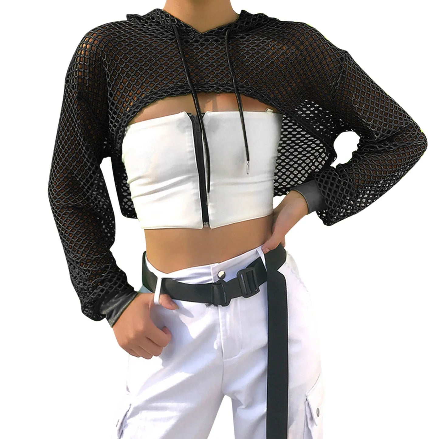 Neon Green Mesh Fishnet Crop Top Women Perspective Smock Long Sleeve Sweatshirt  Women's T-shirts Sexy Cropped Shirt Streetwear