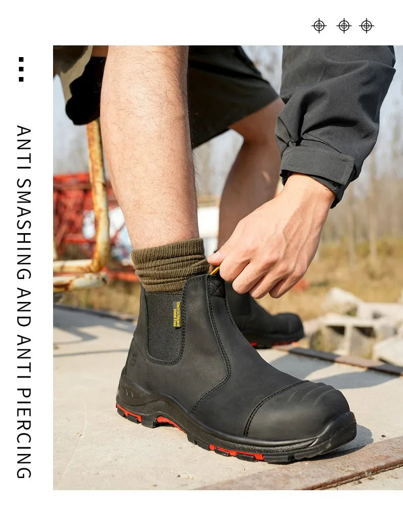 Luxury High-top Men's Safety Shoes Cowhide Boots  Lace Free Steel Toe Anti Impact Anti Puncture Wear Resistant Plus Size Shoes