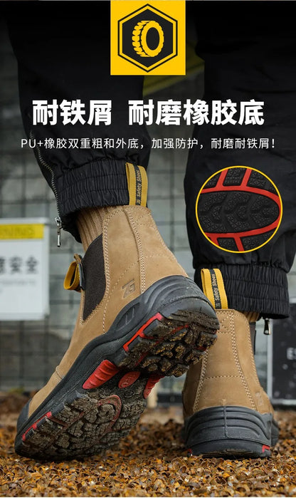 Luxury High-top Men's Safety Shoes Cowhide Boots  Lace Free Steel Toe Anti Impact Anti Puncture Wear Resistant Plus Size Shoes