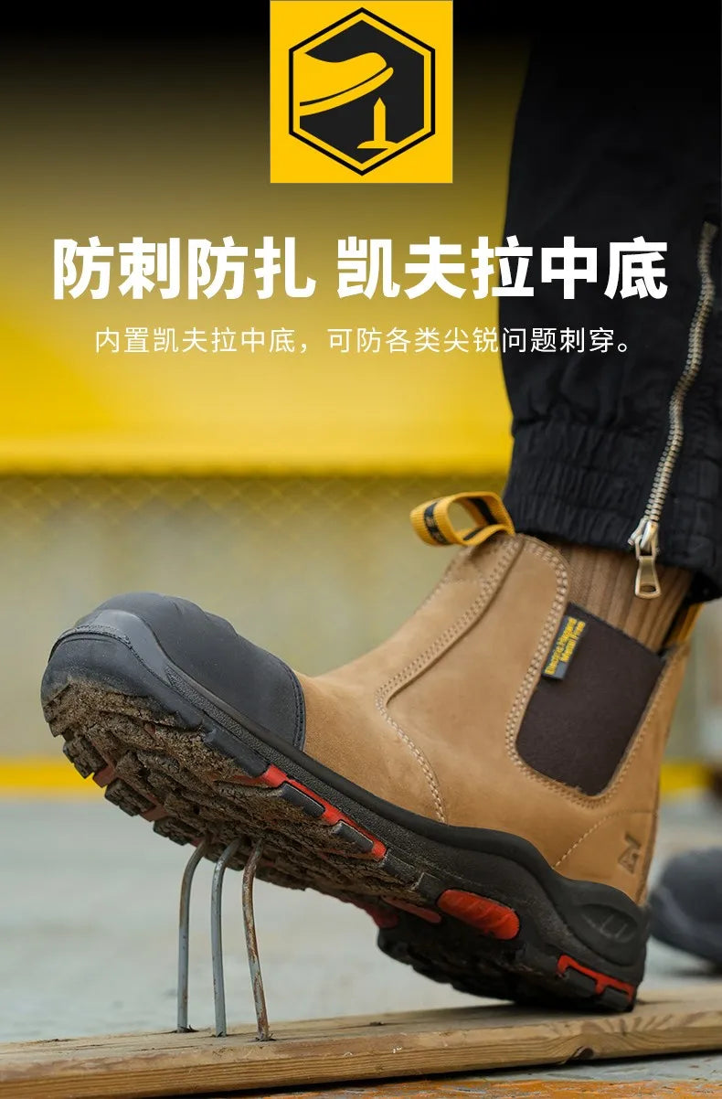 Luxury High-top Men's Safety Shoes Cowhide Boots  Lace Free Steel Toe Anti Impact Anti Puncture Wear Resistant Plus Size Shoes