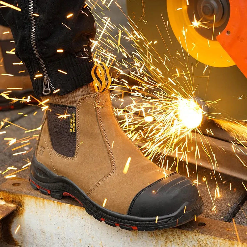 Luxury High-top Men's Safety Shoes Cowhide Boots  Lace Free Steel Toe Anti Impact Anti Puncture Wear Resistant Plus Size Shoes