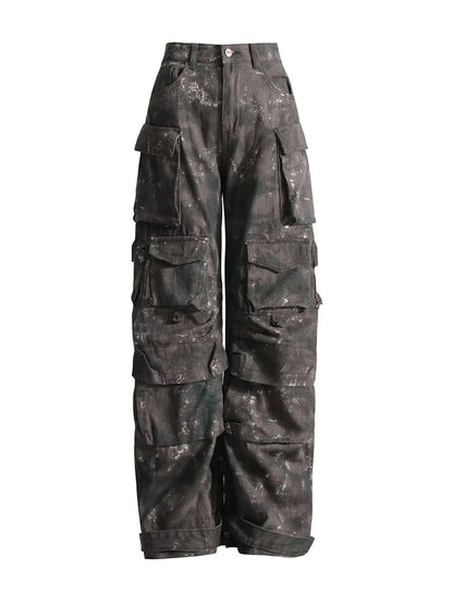Trendy Women's Denim Workwear | Street Style Black & Grey Multi-Pocket Jeans | American Casual High-Waist Functional Design