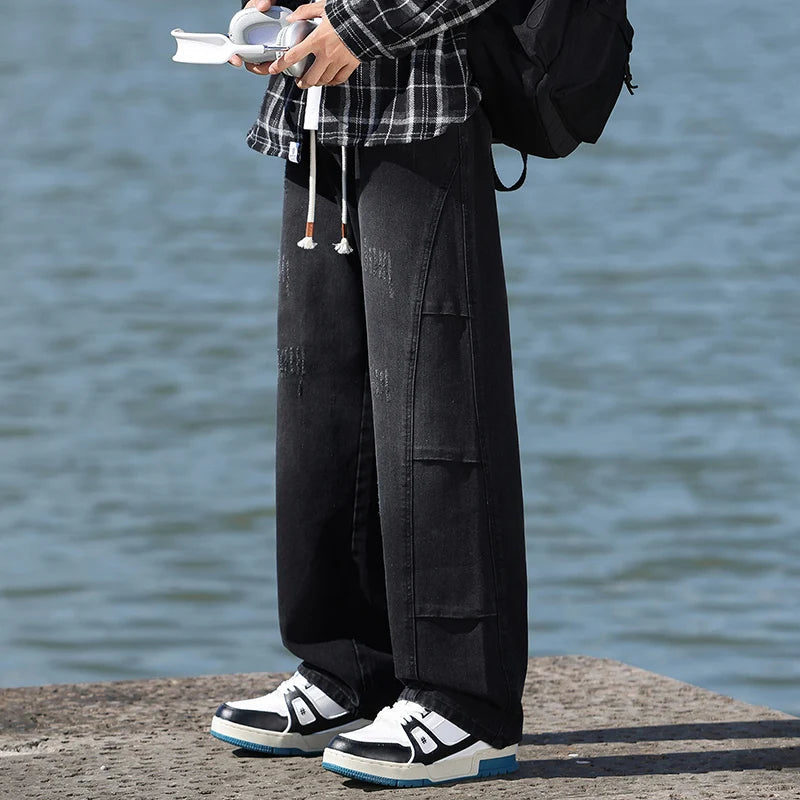 Jeans men's American high street vintage washed crease splicing men's spring and fall models loose straight pants