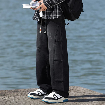 Jeans men's American high street vintage washed crease splicing men's spring and fall models loose straight pants