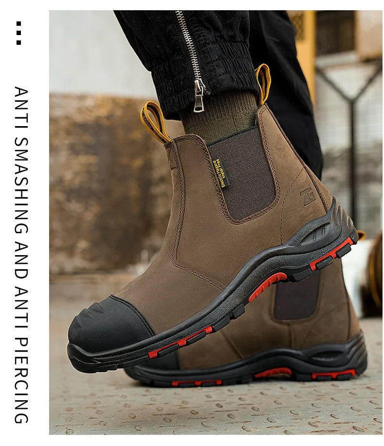 Luxury High-top Men's Safety Shoes Cowhide Boots  Lace Free Steel Toe Anti Impact Anti Puncture Wear Resistant Plus Size Shoes