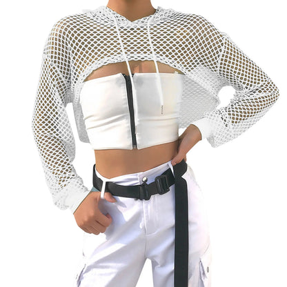 Neon Green Mesh Fishnet Crop Top Women Perspective Smock Long Sleeve Sweatshirt  Women's T-shirts Sexy Cropped Shirt Streetwear