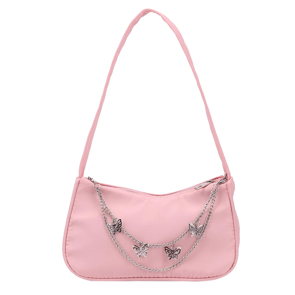 Stylish Butterfly Chain Shoulder Shopping Bags Women Small Pure Color Handbags Daily PU Leather Underarm Bags