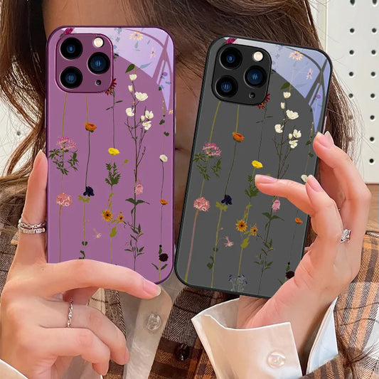 Green Tempered Glass Phone Case For IPhone 15 Pro 14 13 12 Mini 11 XS Max XR 7 8 Plu SE 2020 2022 Spring Light Vine Small Flower