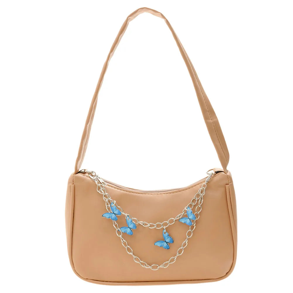 Stylish Butterfly Chain Shoulder Shopping Bags Women Small Pure Color Handbags Daily PU Leather Underarm Bags