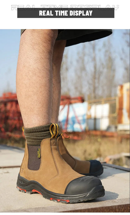 Luxury High-top Men's Safety Shoes Cowhide Boots  Lace Free Steel Toe Anti Impact Anti Puncture Wear Resistant Plus Size Shoes