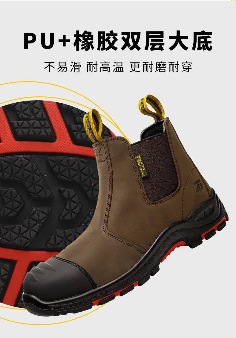 Luxury High-top Men's Safety Shoes Cowhide Boots  Lace Free Steel Toe Anti Impact Anti Puncture Wear Resistant Plus Size Shoes