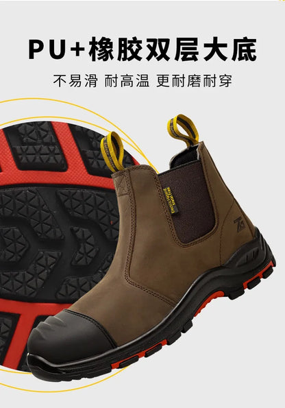 Luxury High-top Men's Safety Shoes Cowhide Boots  Lace Free Steel Toe Anti Impact Anti Puncture Wear Resistant Plus Size Shoes