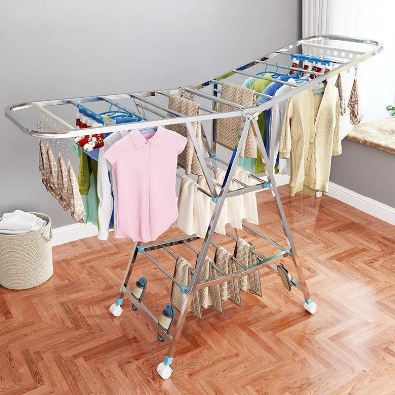 Stand Folding Clothes Drying Rack Stainless Steel Clothes Horse Space Saving Laundry Rack Comforter Clothing Racks with Wheels