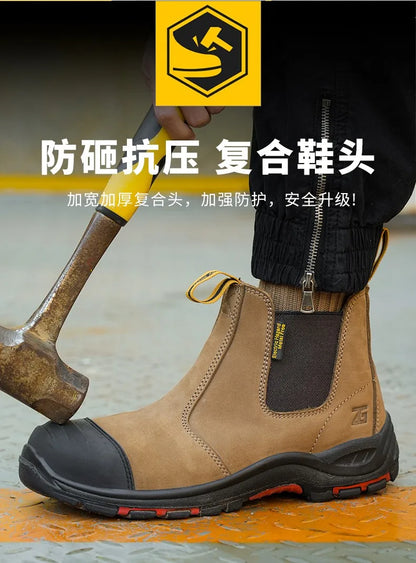 Luxury High-top Men's Safety Shoes Cowhide Boots  Lace Free Steel Toe Anti Impact Anti Puncture Wear Resistant Plus Size Shoes