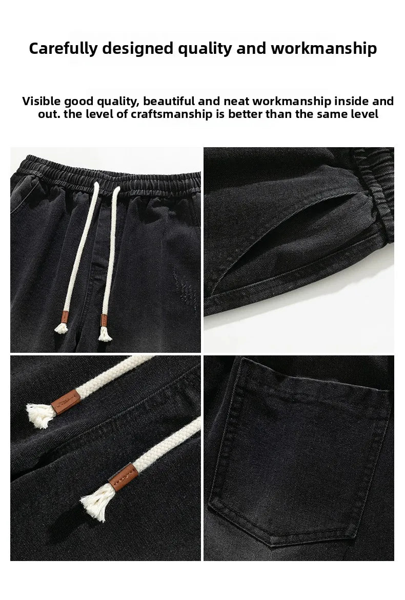 Jeans men's American high street vintage washed crease splicing men's spring and fall models loose straight pants